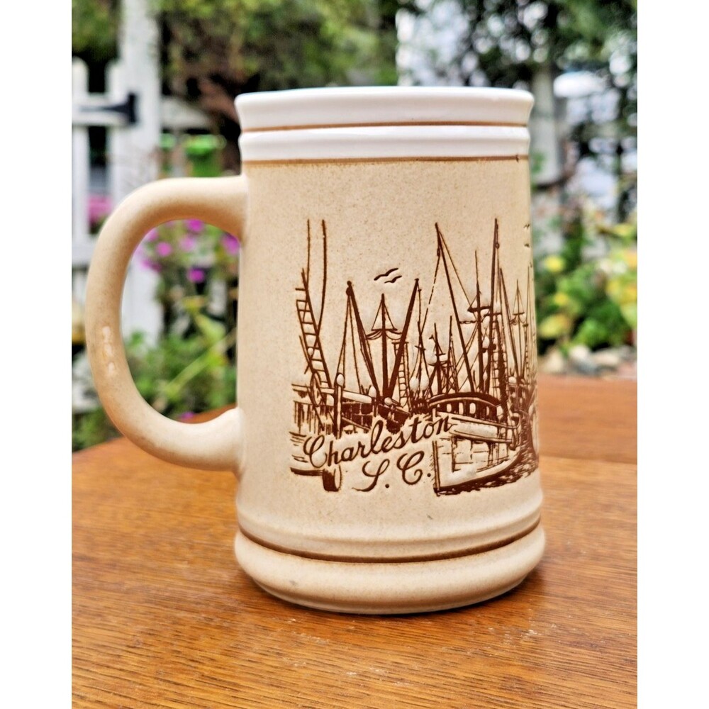 Vintage‎ Charleston SC Stoneware Coffee Mug Sailing Ships Harbor Souvenir Stein